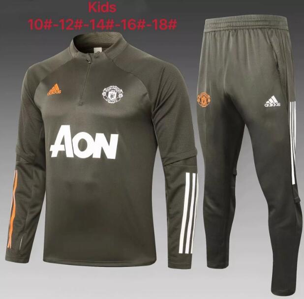 Kids Manchester United Olive Green Training Suits Youth Sweatshirt with Pants 2020/21